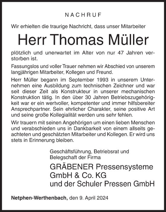 Traueranzeige von Thomas Müller von Siegener Zeitung