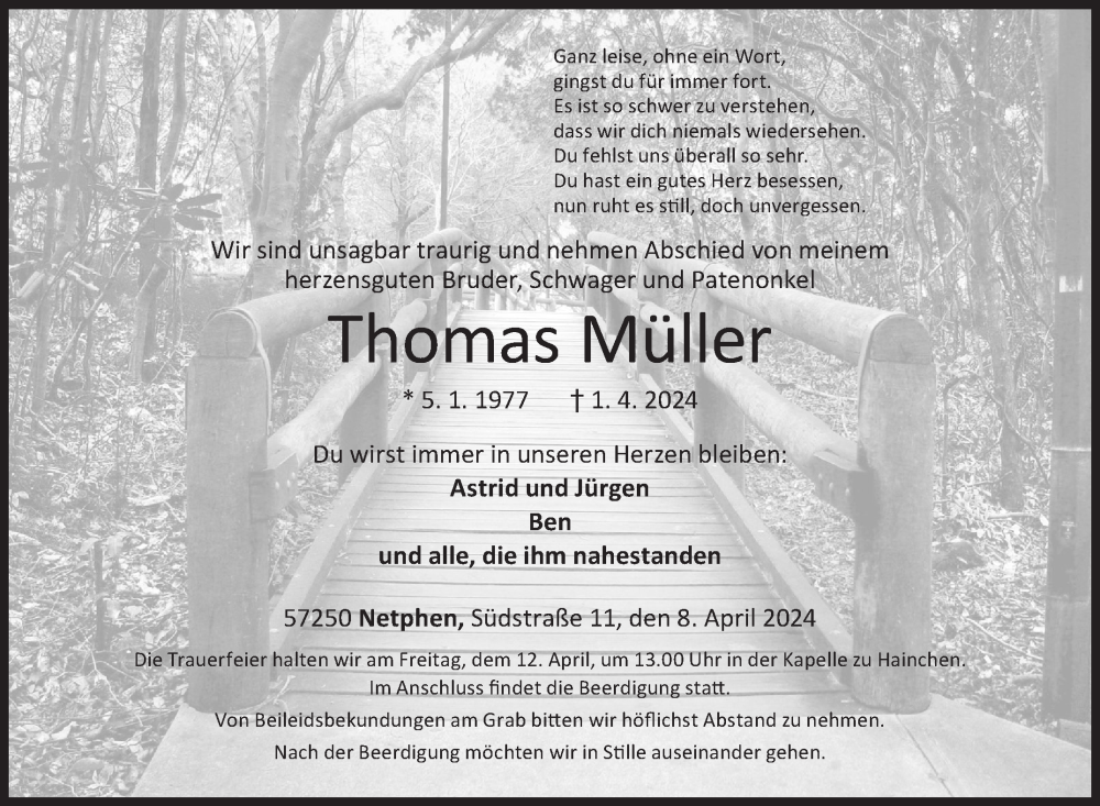  Traueranzeige für Thomas Müller vom 08.04.2024 aus Siegener Zeitung
