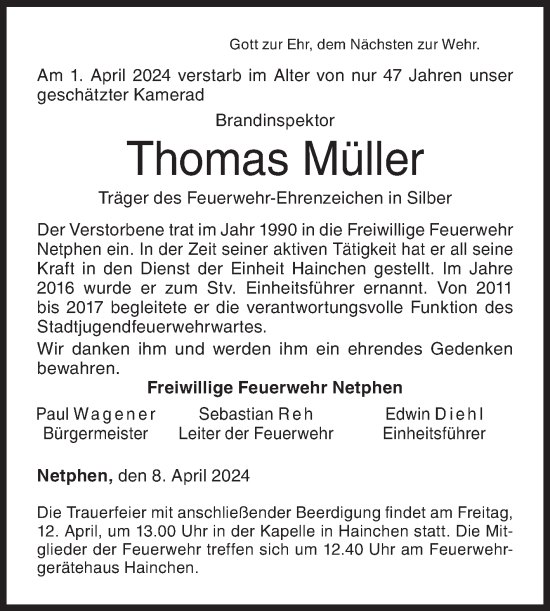 Traueranzeige von Thomas Müller von Siegener Zeitung