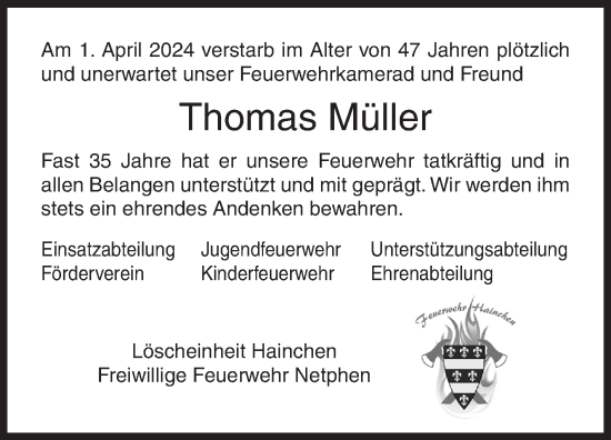 Traueranzeige von Thomas Müller von Siegener Zeitung
