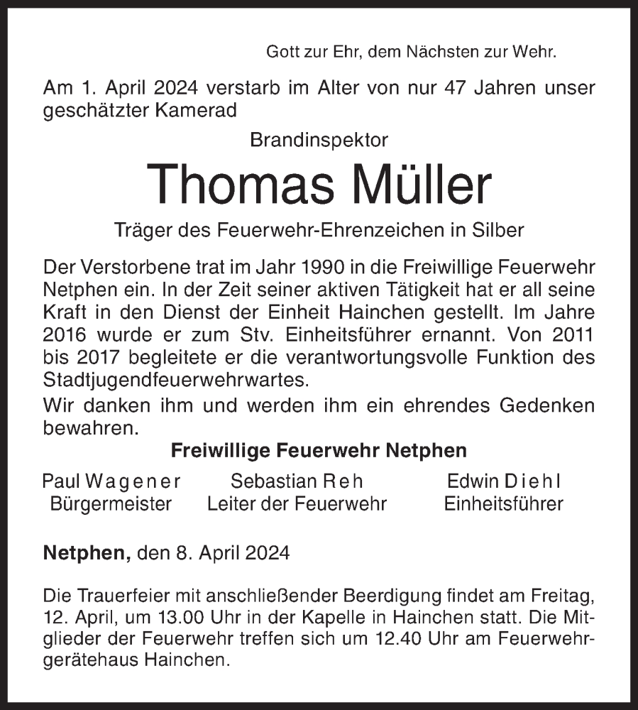  Traueranzeige für Thomas Müller vom 08.04.2024 aus Siegener Zeitung