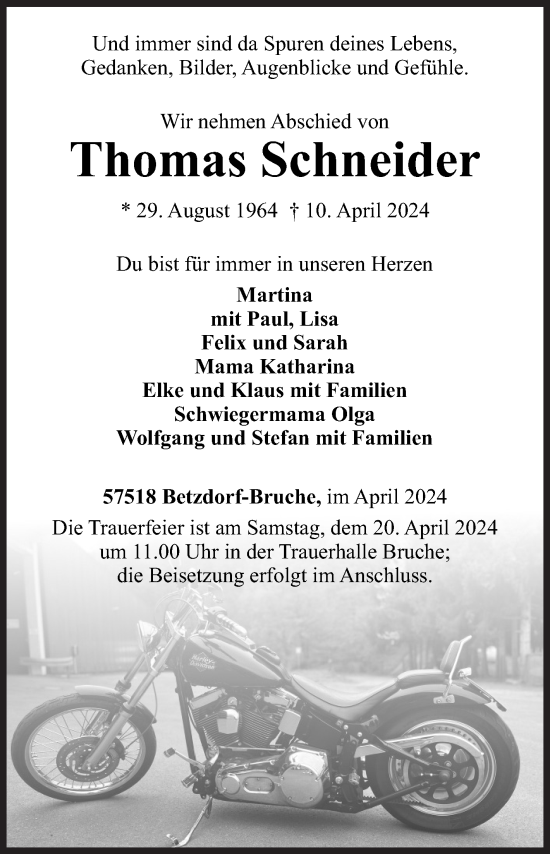 Traueranzeige von Thomas Schneider von Siegener Zeitung