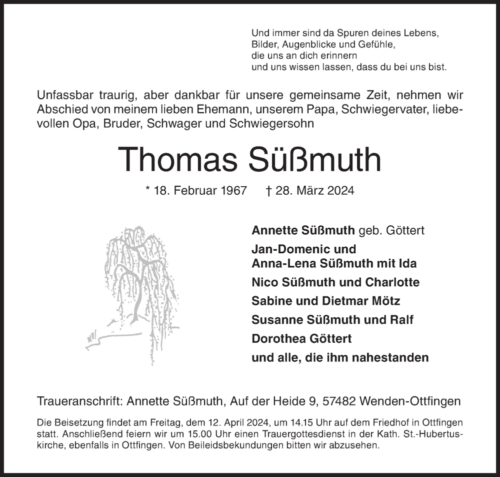  Traueranzeige für Thomas Süßmuth vom 06.04.2024 aus Siegener Zeitung