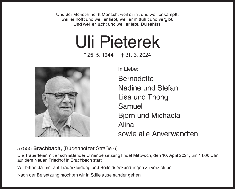  Traueranzeige für Uli Pieterek vom 06.04.2024 aus Siegener Zeitung