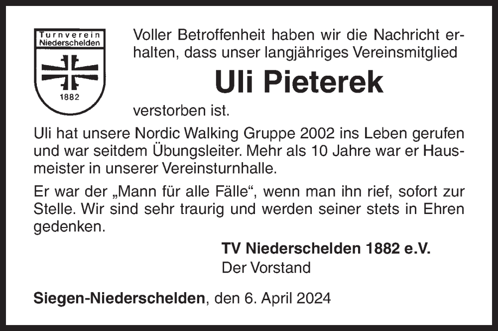  Traueranzeige für Uli Pieterek vom 06.04.2024 aus Siegener Zeitung