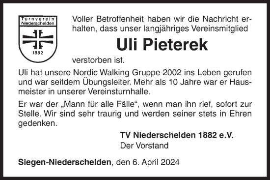 Traueranzeige von Uli Pieterek von Siegener Zeitung