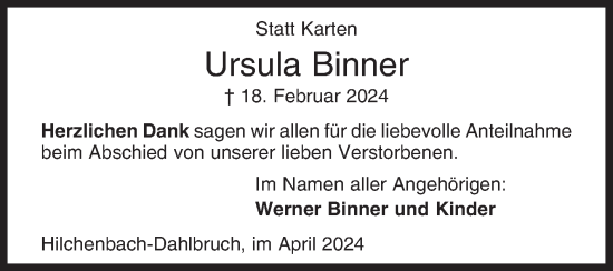 Traueranzeige von Ursula Binner von Siegener Zeitung