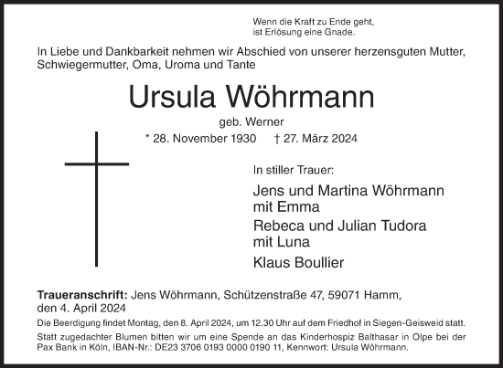 Traueranzeige von Ursula Wöhrmann von Siegener Zeitung