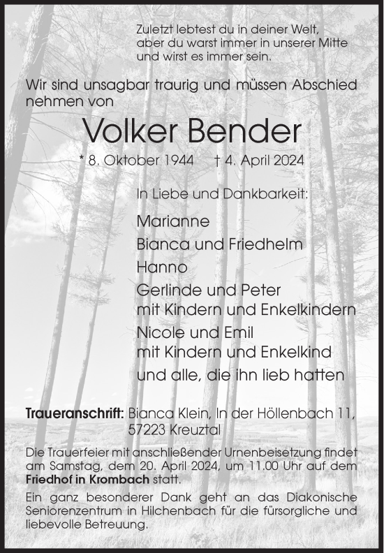 Traueranzeige von Volker Bender von Siegener Zeitung