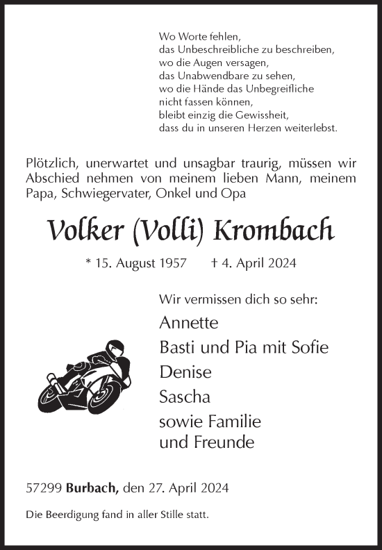 Traueranzeige von Volker Krombach von Siegener Zeitung