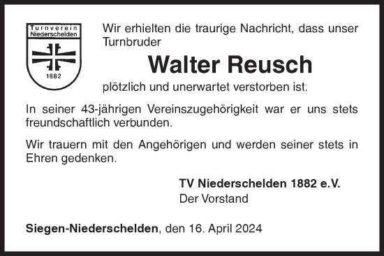 Traueranzeige von Walter Reusch von Siegener Zeitung