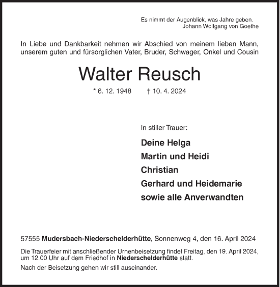 Traueranzeige von Walter Reusch von Siegener Zeitung