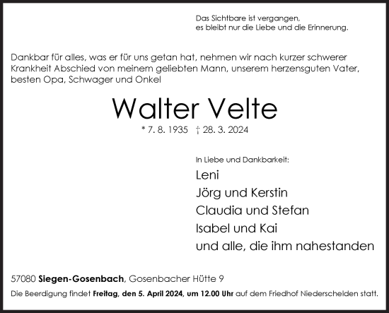 Traueranzeige von Walter Velte von Siegener Zeitung