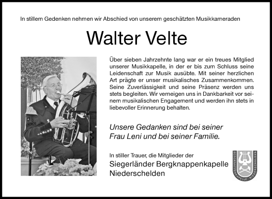 Traueranzeige von Walter Velte von Siegener Zeitung