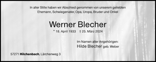 Traueranzeige von Werner Blecher von Siegener Zeitung