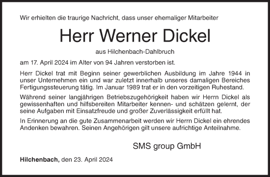 Traueranzeige von Werner Dickel von Siegener Zeitung