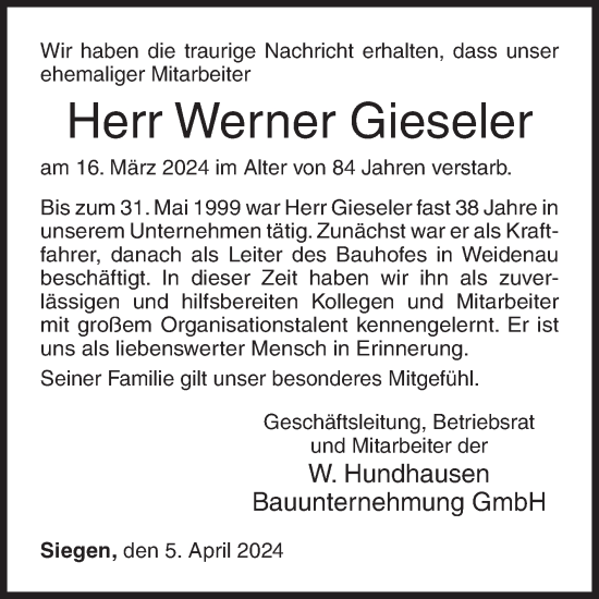Traueranzeige von Werner Gieseler von Siegener Zeitung