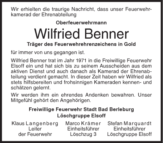 Traueranzeige von Wilfried Benner von Siegener Zeitung