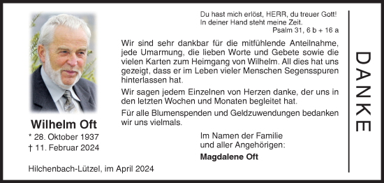 Traueranzeige von Wilhelm Oft von Siegener Zeitung