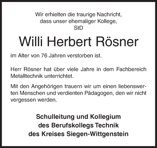 Traueranzeige von Willi Herbert Rösner von Siegener Zeitung