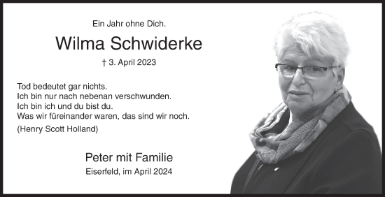 Traueranzeige von Wilma Schwiderke von Siegener Zeitung