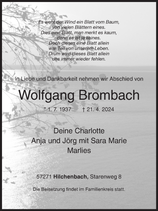 Traueranzeige von Wolfgang Brombach von Siegener Zeitung