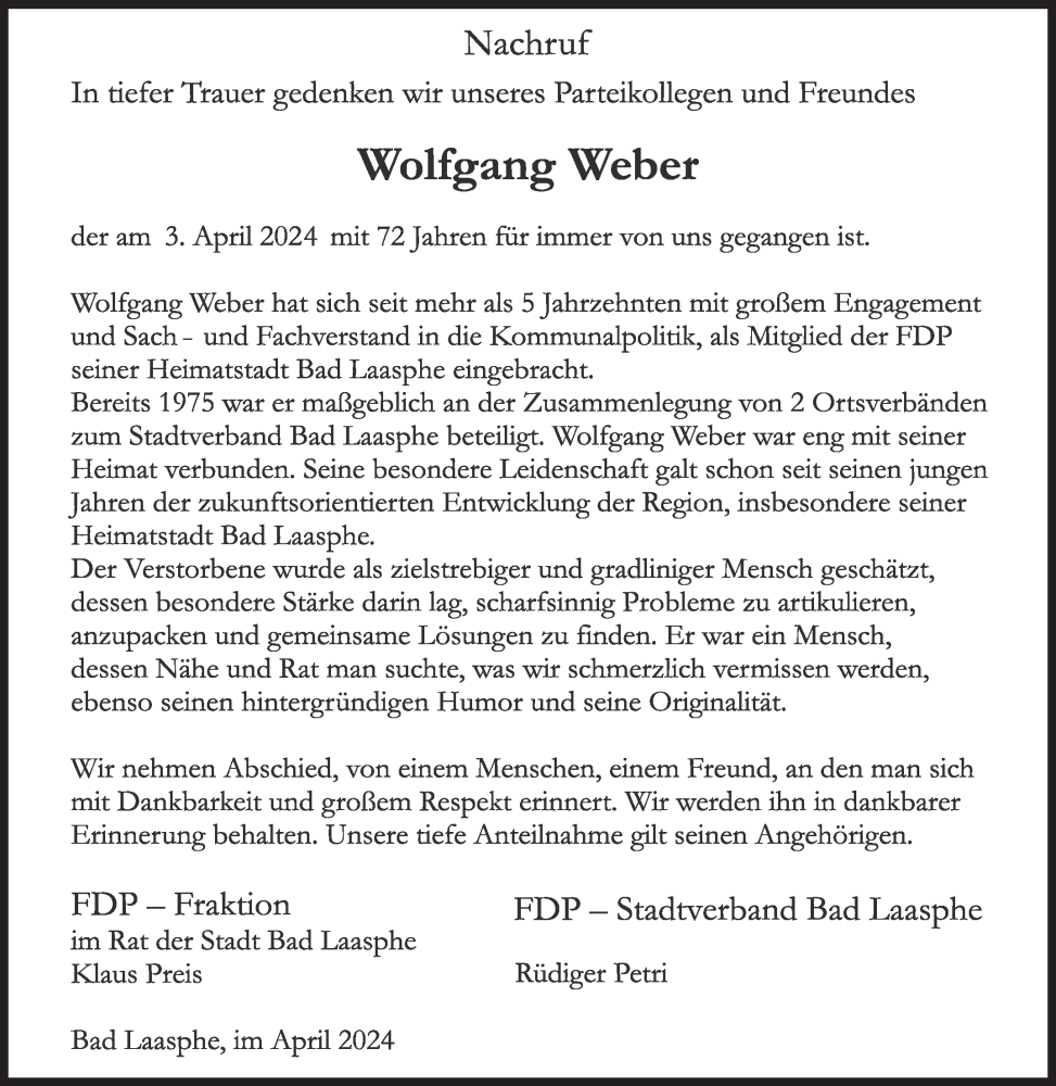  Traueranzeige für Wolfgang Weber vom 13.04.2024 aus Siegener Zeitung