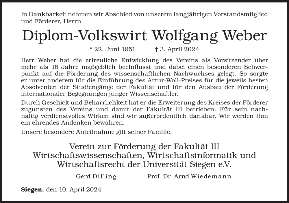  Traueranzeige für Wolfgang Weber vom 10.04.2024 aus Siegener Zeitung