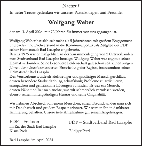 Traueranzeige von Wolfgang Weber von Siegener Zeitung