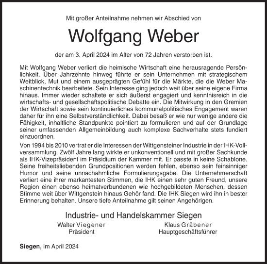 Traueranzeige von Wolfgang Weber von Siegener Zeitung