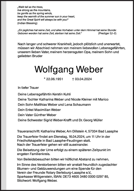 Traueranzeige von Wolfgang Weber von Siegener Zeitung