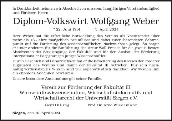 Traueranzeige von Wolfgang Weber von Siegener Zeitung