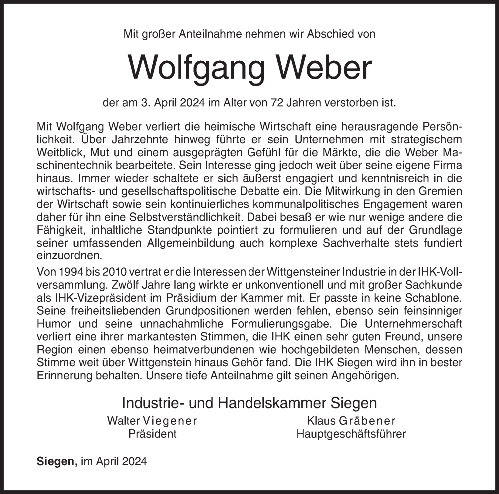  Traueranzeige für Wolfgang Weber vom 10.04.2024 aus Siegener Zeitung