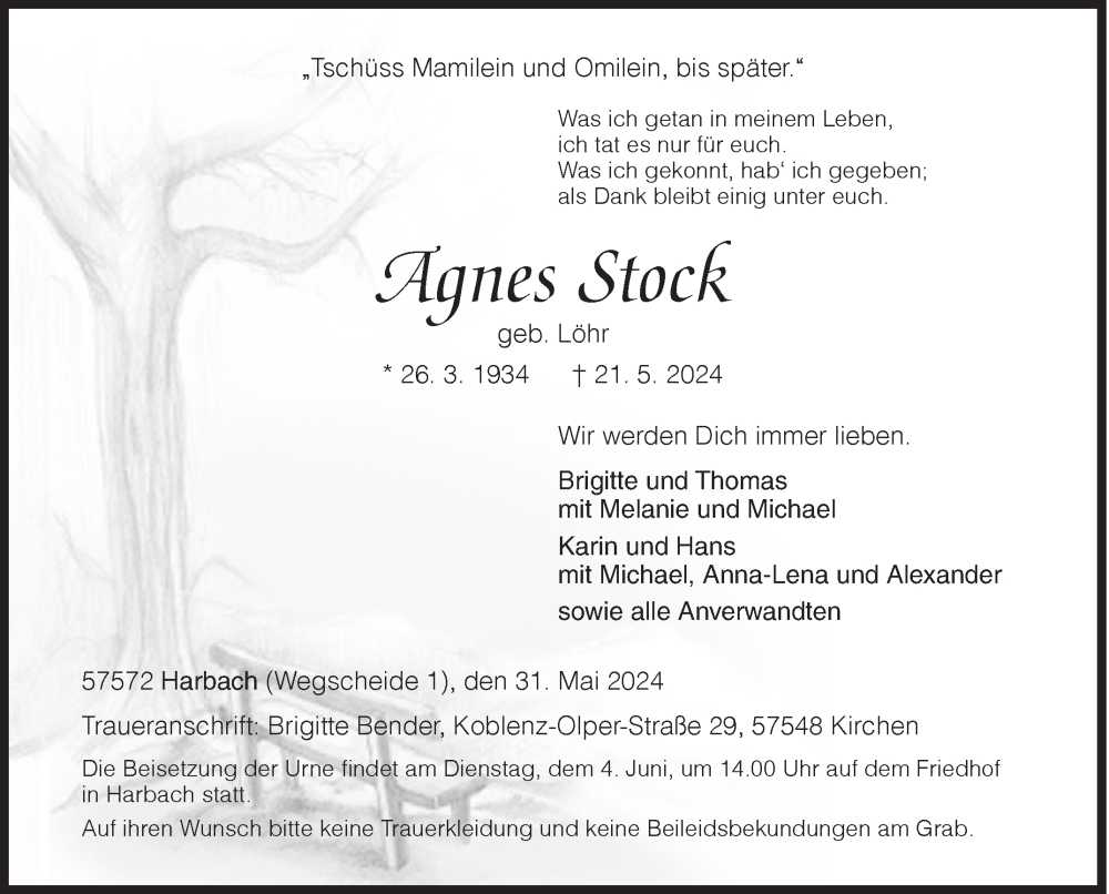  Traueranzeige für Agnes Stock vom 31.05.2024 aus Siegener Zeitung