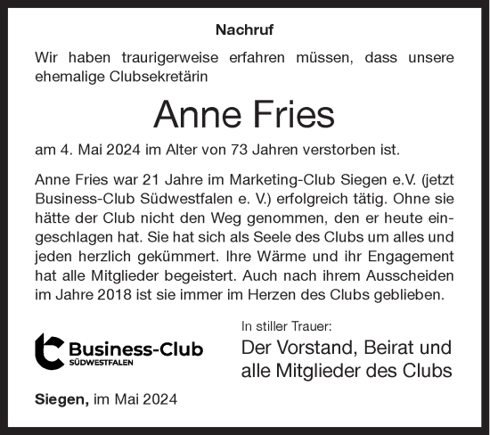 Traueranzeige von Anne Fries von Siegener Zeitung