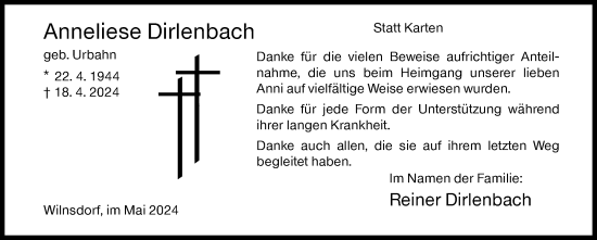 Traueranzeige von Anneliese Dirlenbach von Siegener Zeitung