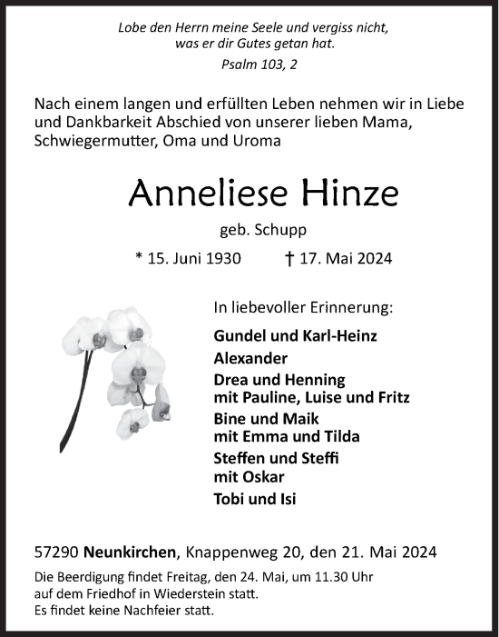 Traueranzeige von Anneliese Hinze von Siegener Zeitung