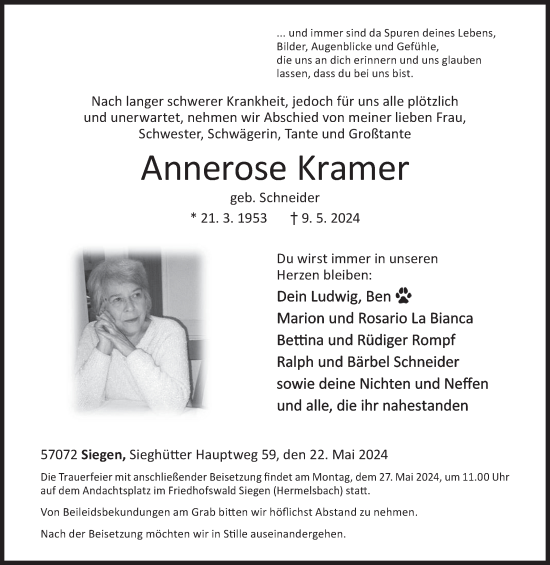 Traueranzeige von Annerose Kramer von Siegener Zeitung