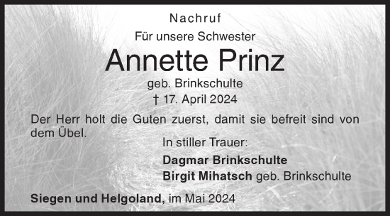 Traueranzeige von Annette Prinz von Siegener Zeitung