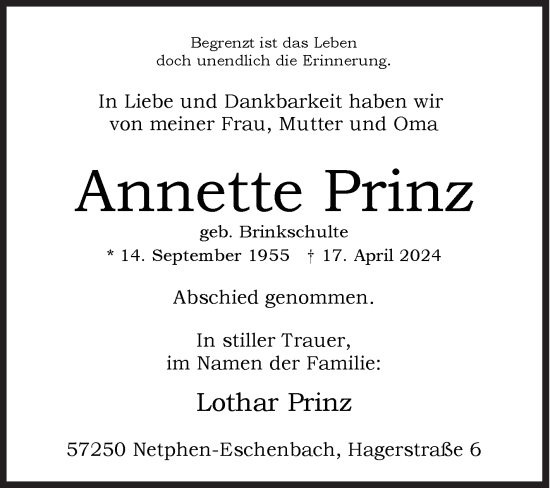 Traueranzeige von Annette Prinz von Siegener Zeitung
