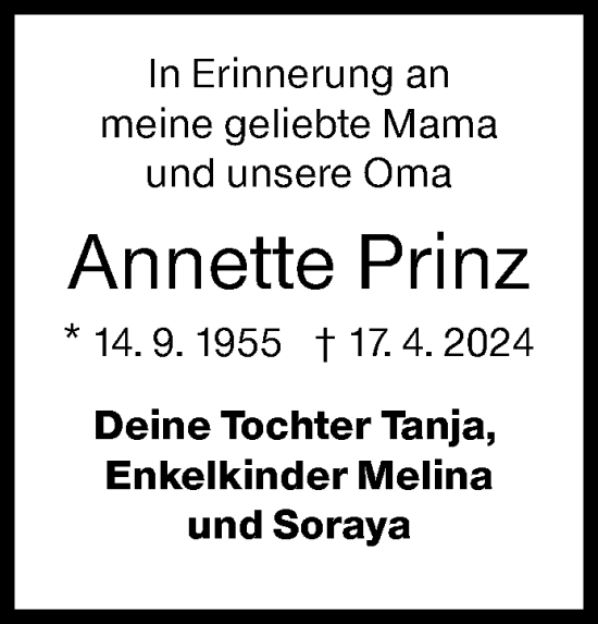 Traueranzeige von Annette Prinz von Siegener Zeitung