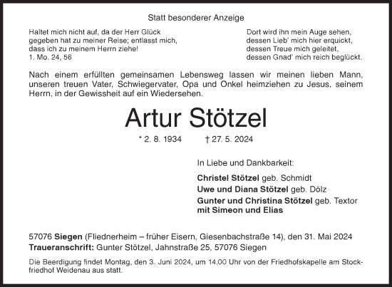 Traueranzeige von Artur Stötzel von Siegener Zeitung