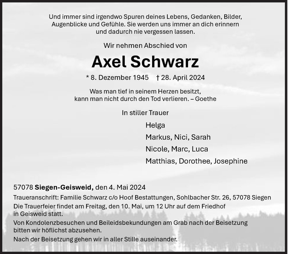  Traueranzeige für Axel Schwarz vom 04.05.2024 aus Siegener Zeitung