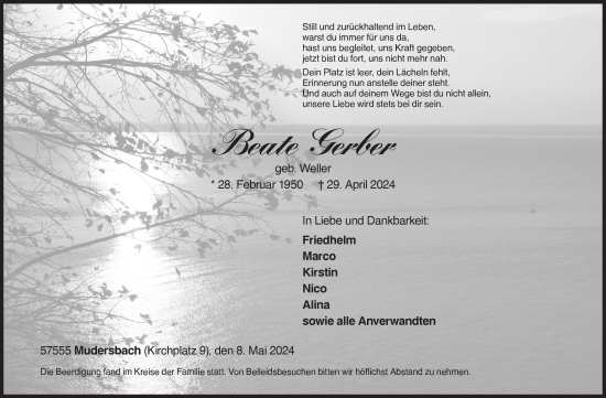 Traueranzeige von Beate Gerber von Siegener Zeitung