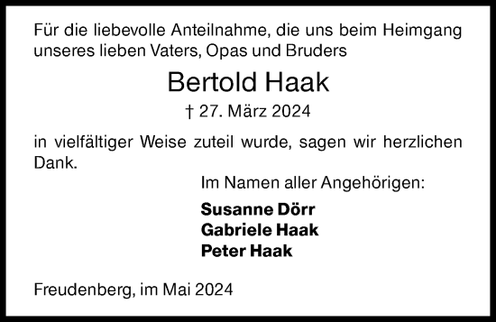 Traueranzeige von Bertold Haak von Siegener Zeitung