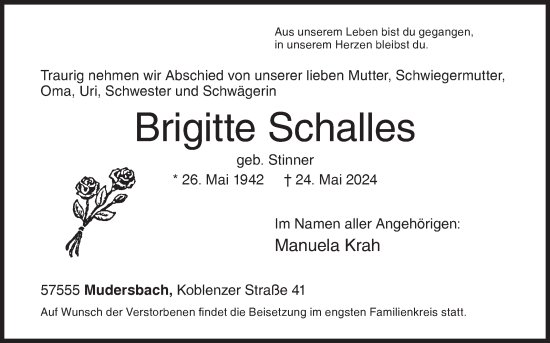 Traueranzeige von Brigitte Schalles von Siegener Zeitung