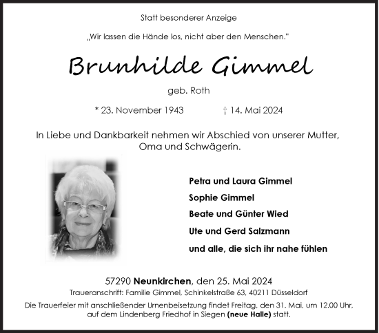 Traueranzeige von Brunhilde Gimmel von Siegener Zeitung
