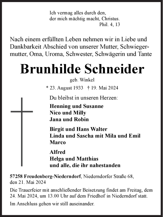 Traueranzeige von Brunhilde Schneider von Siegener Zeitung