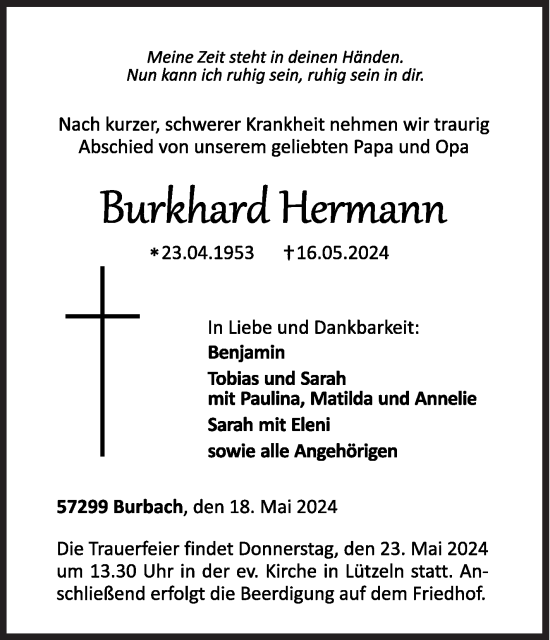 Traueranzeige von Burkhard Hermann von Siegener Zeitung