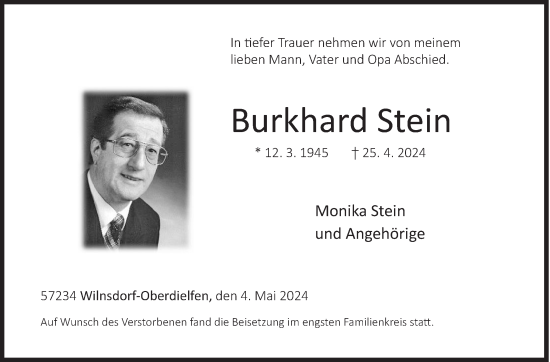Traueranzeige von Burkhard Stein von Siegener Zeitung